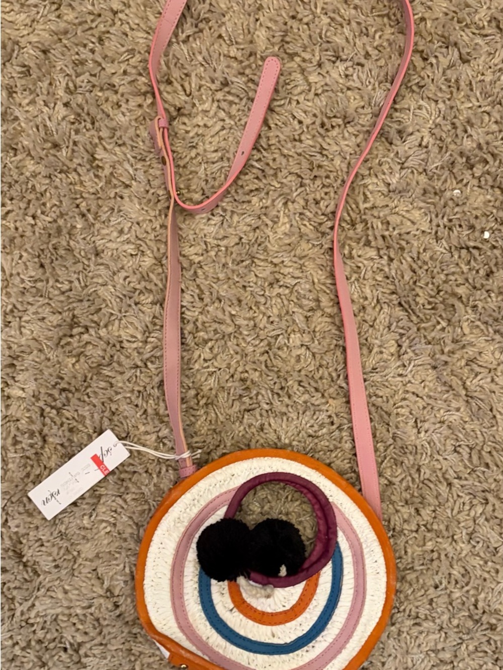 Sophie Anderson Round Multicolor Straw Crossbody with Pink Leather Strap